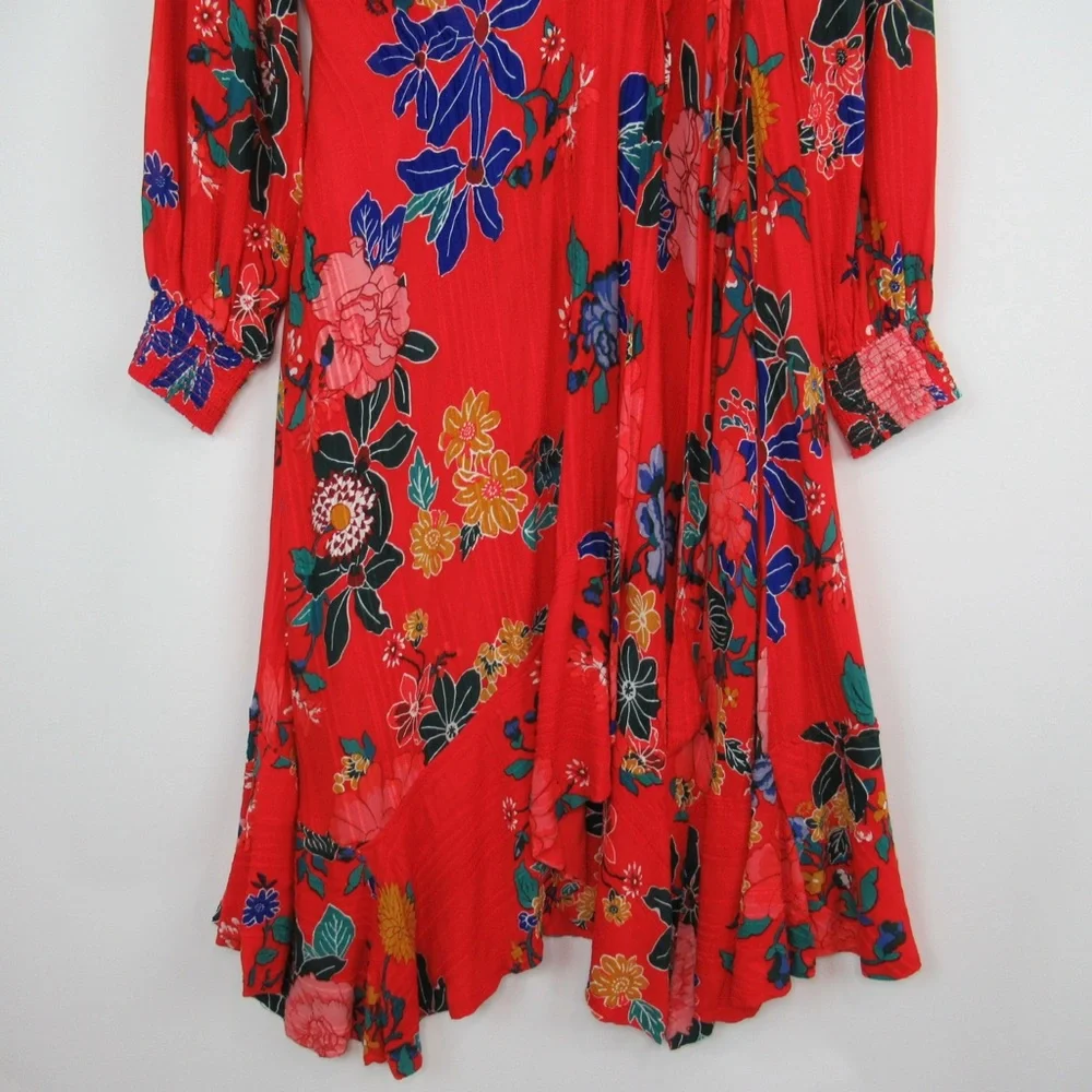 ANTHROPOLOGIE Boswell Red Floral Textured Wrap Tunic Dress Women's Size 12